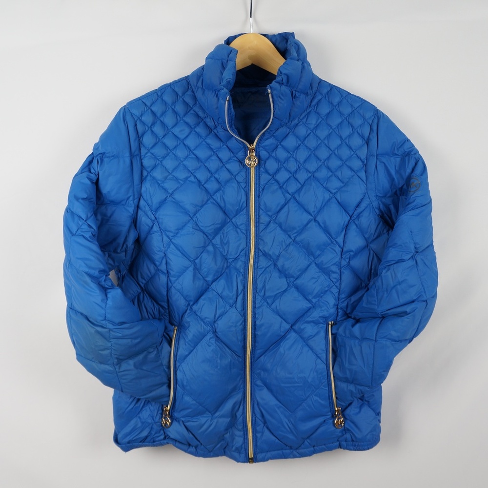 Michael Kors Blue Packable Down Fill Puffer Gold Zippers Jacket MK Logo, Medium